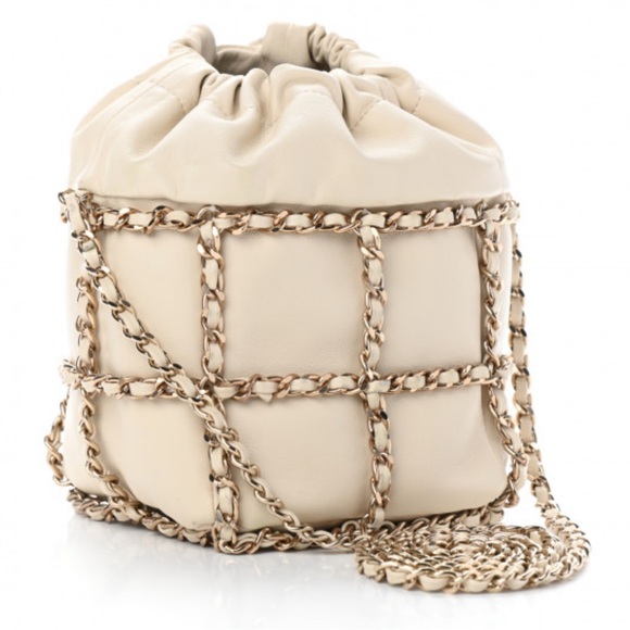 Lambskin Bucket Chain Drawstring Bag Beige - Picture 3 of 7